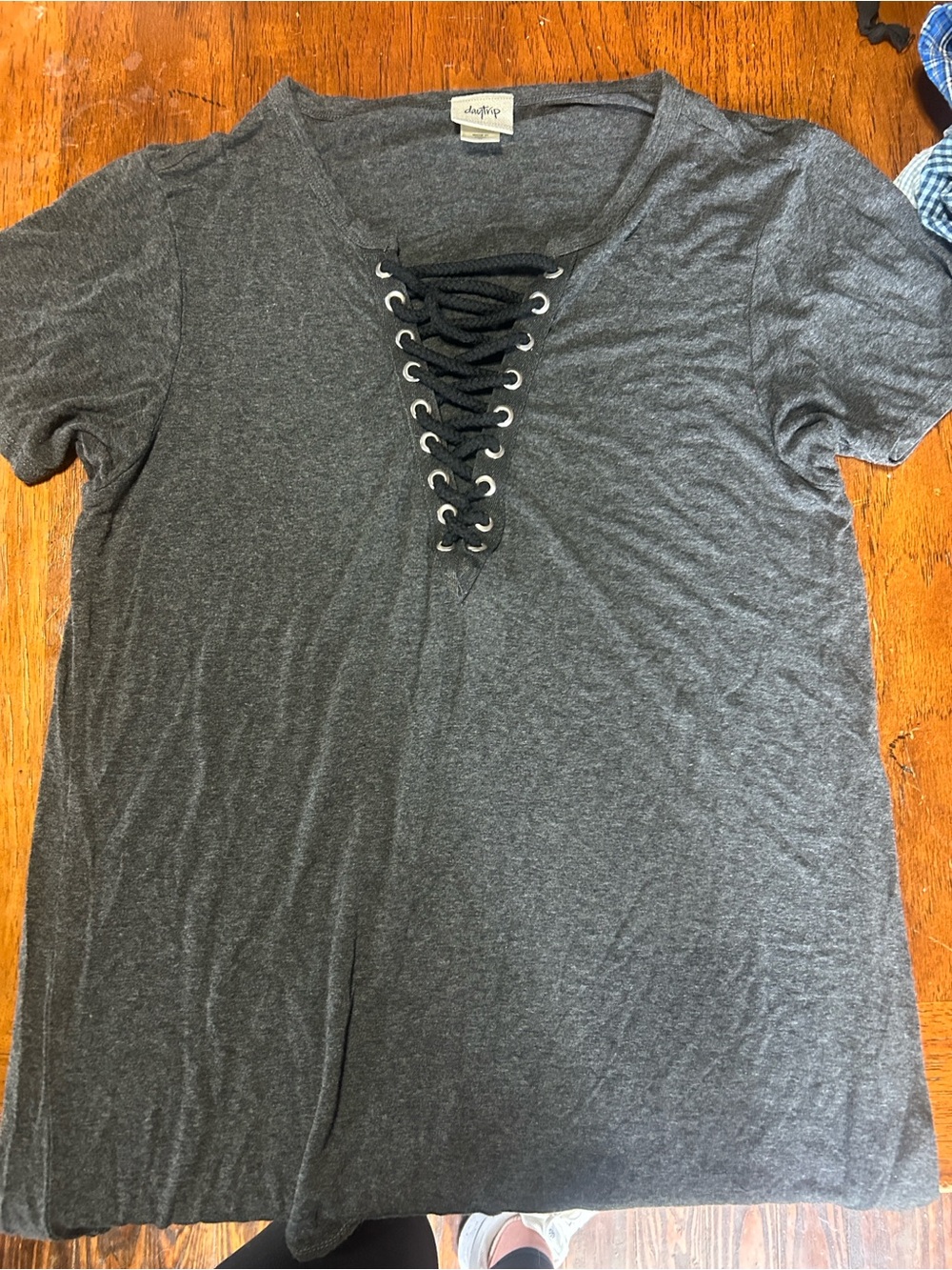 Charcoal Gray Lace-Up V-Neck Women's Top